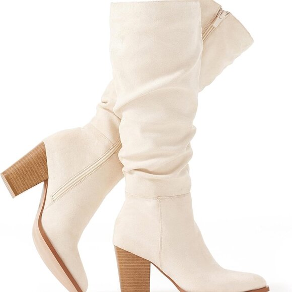Women's Beige Faux Suede Pointed Toe Knee High Boots with Chunky Heel - Picture 1 of 6